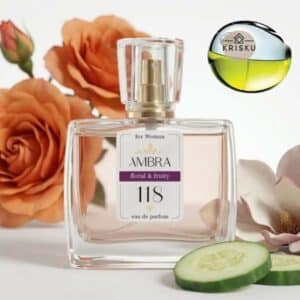 Kvepalai 118 įkvėpti DKNY Be Delicious – Donna Karan, moteriški 35 ml buteliukas su oranžinėmis rožėmis ir agurko griežinėliais