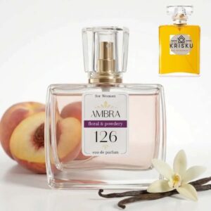 Kvepalai 126 įkvėpti Chanel No 5 – Chanel, moteriški buteliukas su persiku, baltu žiedu ir vanilės ankštimi