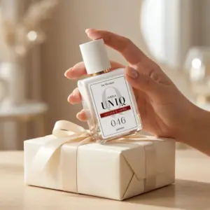 Kvepalai 046 įkvėpti Olympéa – Paco Rabanne, moteriški UNIQ parfum 50 ml buteliukas moters rankoje virš dovanų dėžutės su kaspinu