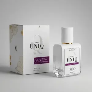 Kvepalai 060 įkvėpti Chloé – Chloé, moteriški UNIQ parfum 50 ml buteliukas šalia baltos dovanų dėžutės