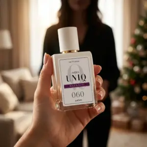 Kvepalai 060 įkvėpti Chloé – Chloé, moteriški UNIQ parfum 50 ml buteliukas moters rankoje jaukiame kambaryje su Kalėdų eglute