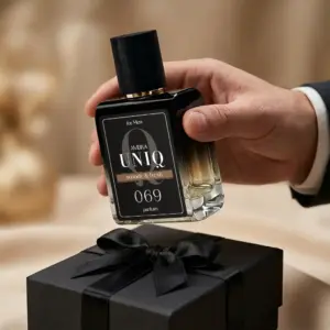 Kvepalai 069 įkvėpti Invictus – Paco Rabanne, vyriški UNIQ parfum 50 ml buteliukas vyro rankose virš juodos dovanų dėžutės su kaspinu