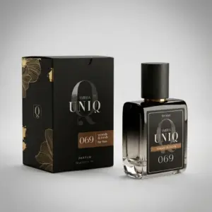 Kvepalai 069 įkvėpti Invictus – Paco Rabanne, vyriški UNIQ parfum 50 ml buteliukas šalia juodos dovanų dėžutės