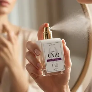 Kvepalai 136 įkvėpti Miss Dior Chérie – Christian Dior, moteriški UNIQ parfum 50 ml buteliukas moters rankoje purškiant kvepalus prie veidrodžio