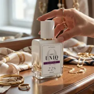 Kvepalai 228 įkvėpti Bright Crystal – Versace, moteriški UNIQ parfum 50 ml buteliukas moters rankoje ant tualetinio staliuko su šilko skarele ir papuošalais