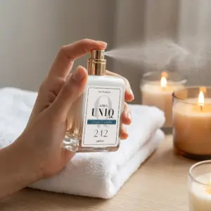 Kvepalai 242 įkvėpti Sì – Giorgio Armani, moteriški UNIQ parfum 50 ml buteliukas purškiamas moters rankoje tarp žvakių ir baltų rankšluosčių