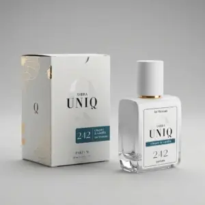 Kvepalai 242 įkvėpti Sì – Giorgio Armani, moteriški UNIQ parfum 50 ml buteliukas šalia baltos dovanų dėžutės