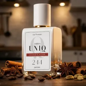 Kvepalai 244 įkvėpti Euphoria – Calvin Klein, moteriški UNIQ parfum 50 ml buteliukas ant medinio stalo su cinamono lazdelėmis, anyžiaus žvaigždutėmis, kavos pupelėmis ir kardamonu