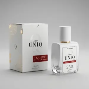 Kvepalai 250 įkvėpti Black Opium – Yves Saint Laurent, moteriški UNIQ parfum 50 ml buteliukas šalia baltos dovanų dėžutės