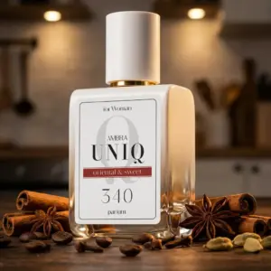 Kvepalai 340 įkvėpti Good Girl – Carolina Herrera, moteriški UNIQ parfum 50 ml buteliukas ant medinio stalo su cinamono lazdelėmis, anyžiaus žvaigždutėmis, kavos pupelėmis ir kardamonu