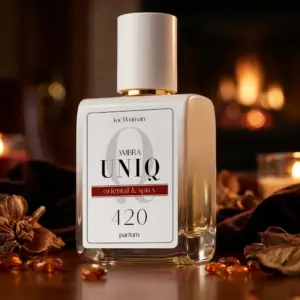 Kvepalai 420 įkvėpti Libre – Yves Saint Laurent, moteriški UNIQ parfum 50 ml buteliukas prie židinio su žvakėmis, džiovintais lapais ir gintaro gabalėliais
