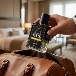 Kvepalai 461 įkvėpti Erba Pura – Xerjoff, UNIQ parfum 50 ml buteliukas kelioninėje odinėje rankinėje viešbučio kambaryje