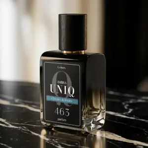 Kvepalai 463 įkvėpti Kirke – Tiziana Terenzi, UNIQ parfum 50 ml buteliukas ant juodo marmuro paviršiaus