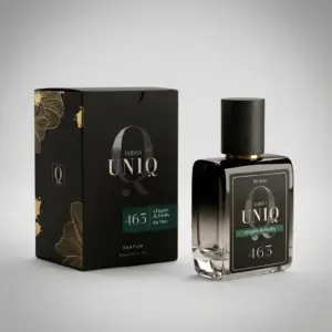 Kvepalai 463 įkvėpti Kirke – Tiziana Terenzi, UNIQ parfum 50 ml buteliukas šalia juodos dovanų dėžutės